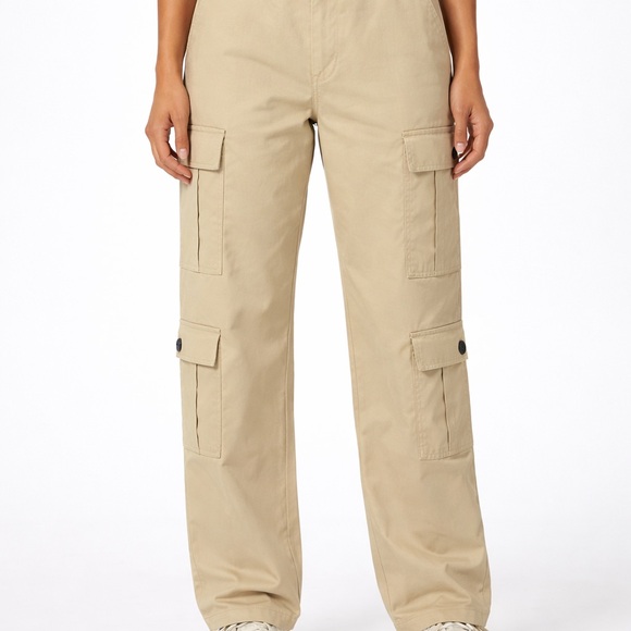 Pants - Trendy Beige Cargo Pants for Women - Classic Wide-Leg Style